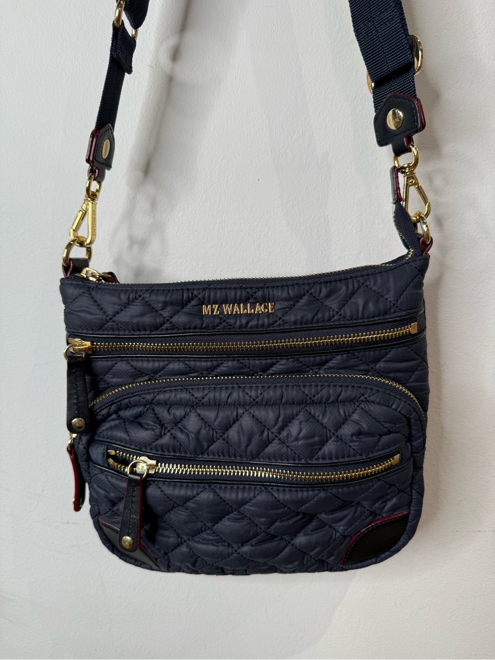 MZ Wallace Quilted Crossbody Bag in Navy with Gold Hardware